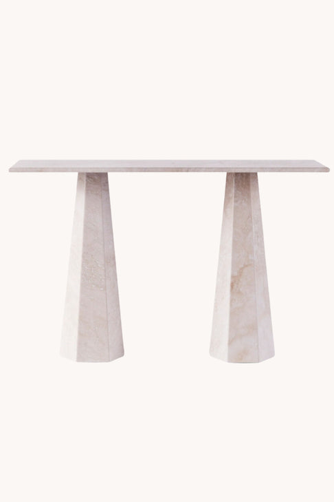 District Loom x Dusty Deco Hexagon Console Table Travertino Bianco