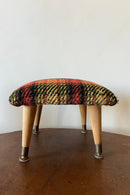 District Loom Furniture Classic Mid Century Modern plaid upholstered foot stool with wood & brass-accented legs