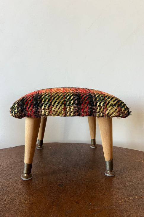 Foot Stool in Herringbone Black/Natural Jute with Wooden Legs