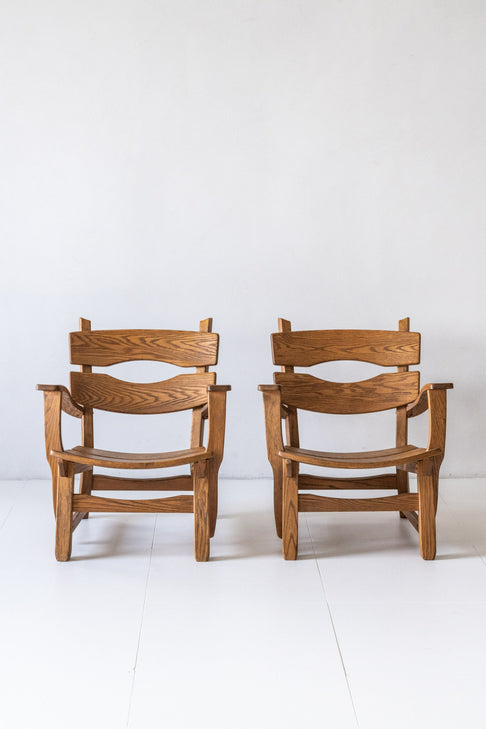 District Loom Furniture Pair Brutalist Oak Lounge Chairs by Dittman and Co.