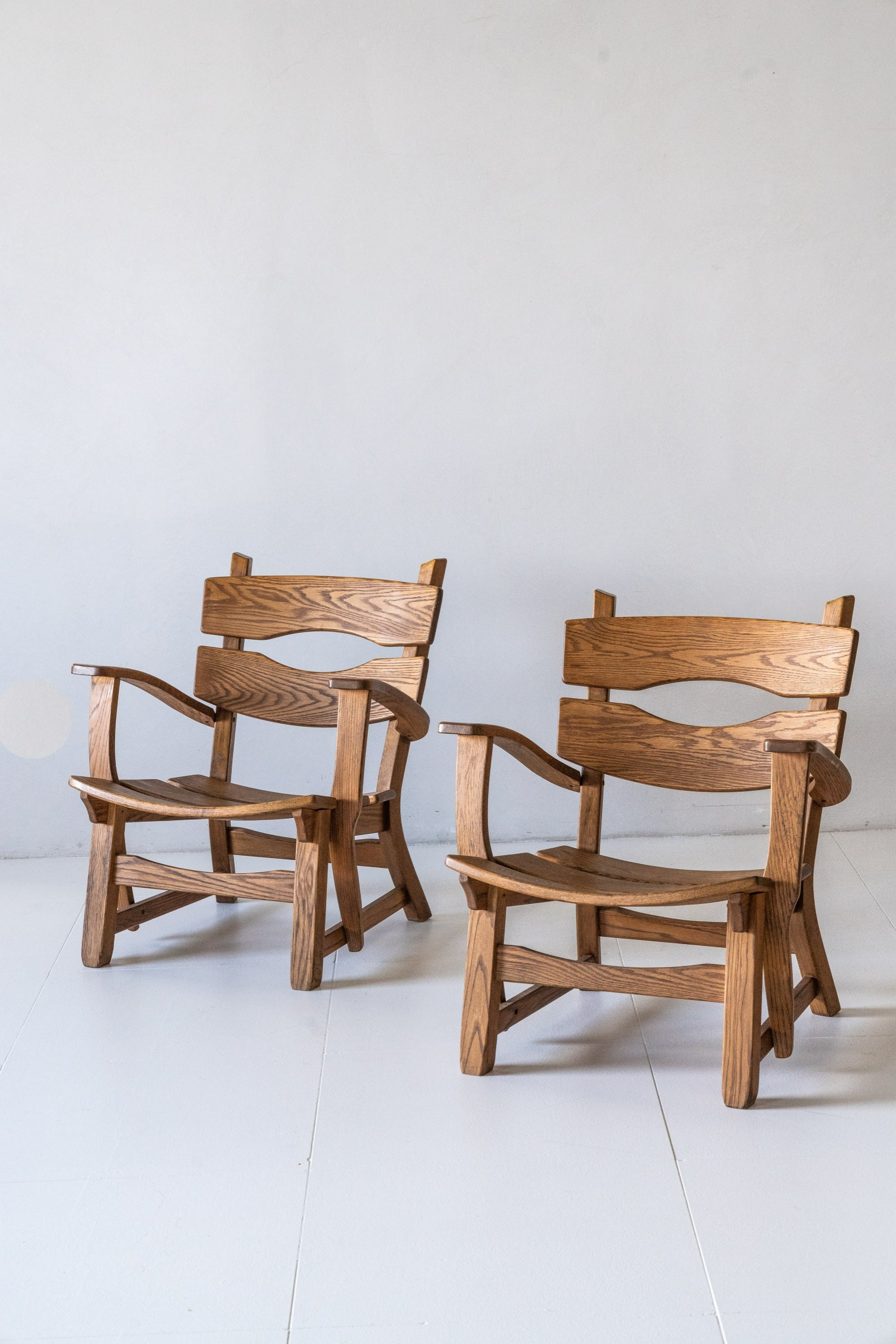 District Loom Furniture Pair Brutalist Oak Lounge Chairs by Dittman and Co.