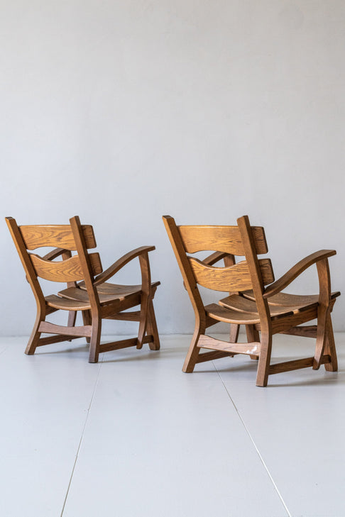 District Loom Furniture Pair Brutalist Oak Lounge Chairs by Dittman and Co.