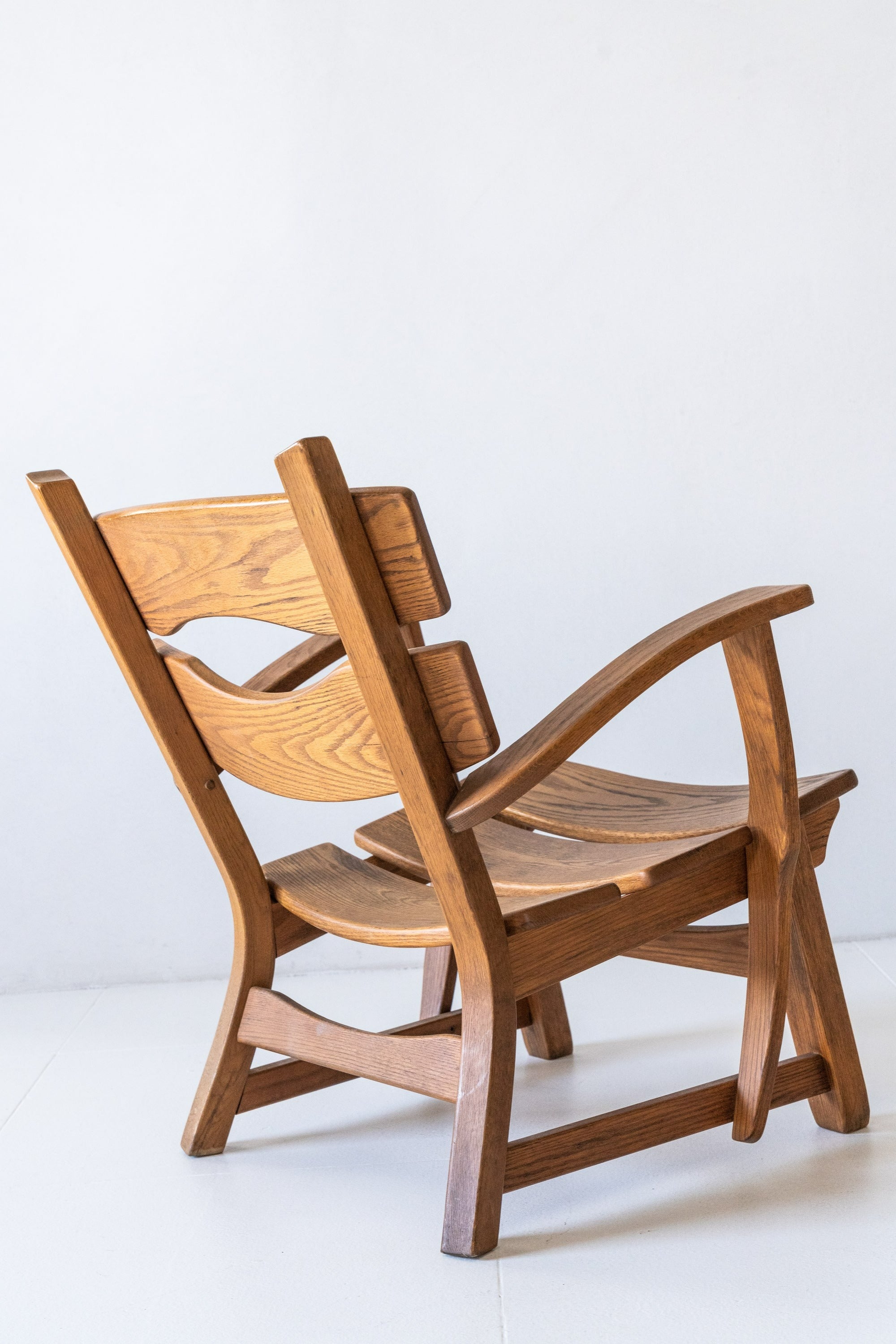 District Loom Furniture Pair Brutalist Oak Lounge Chairs by Dittman and Co.