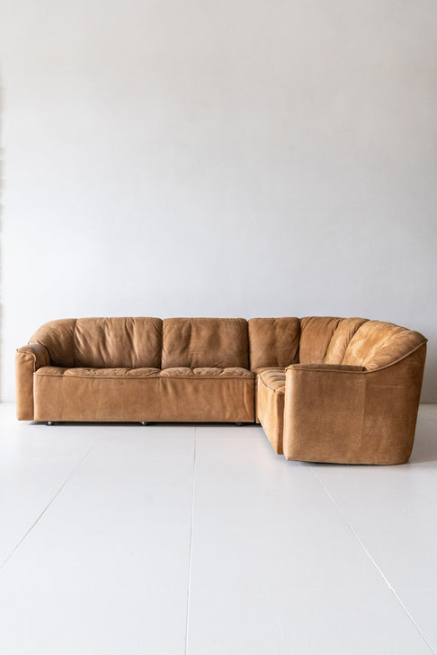 District Loom Furniture Vintage Swedish Leather Sectional Sofa with matching Armchair