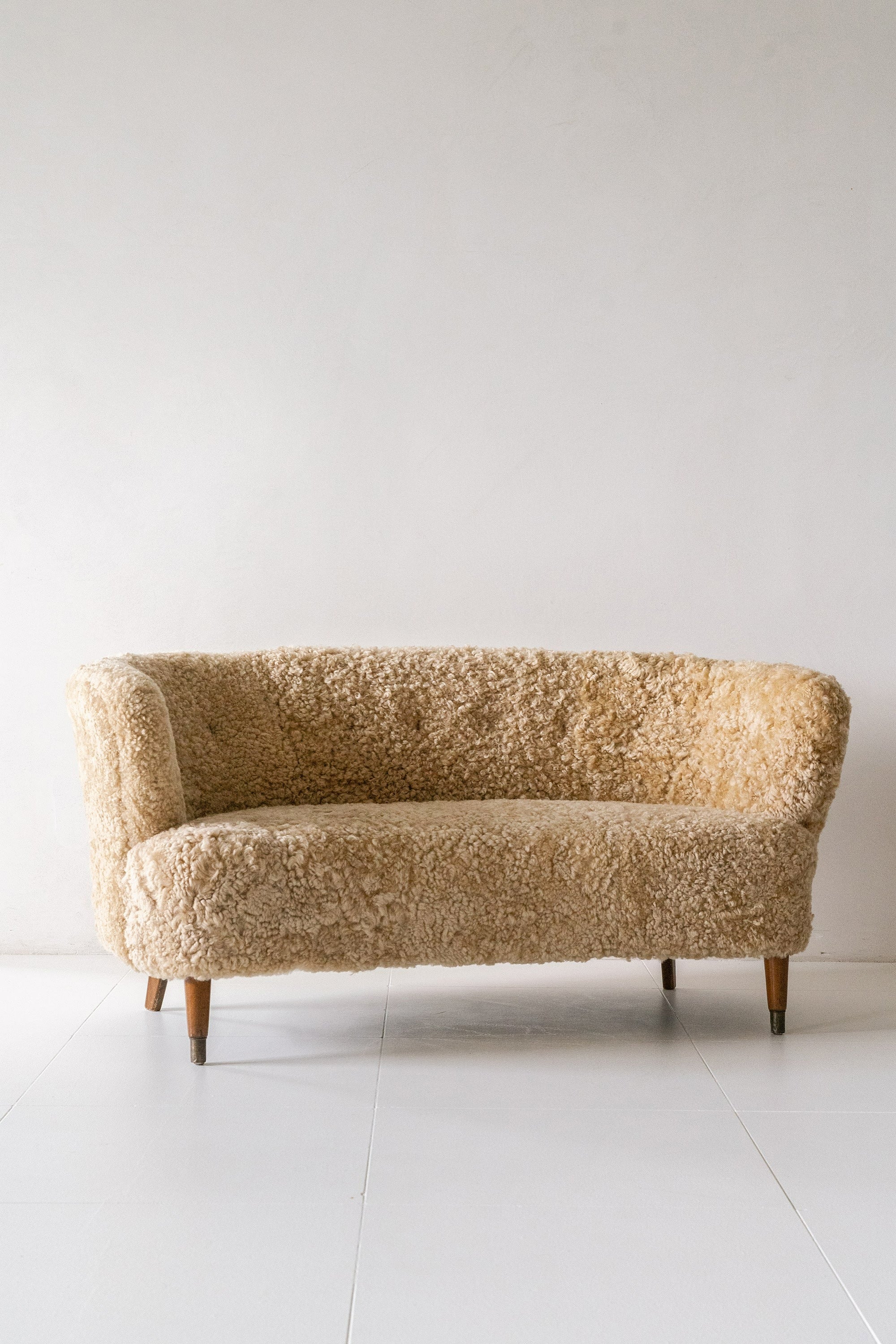 District Loom Furniture Vintage Danish Curved Shearling Loveseat Sofa