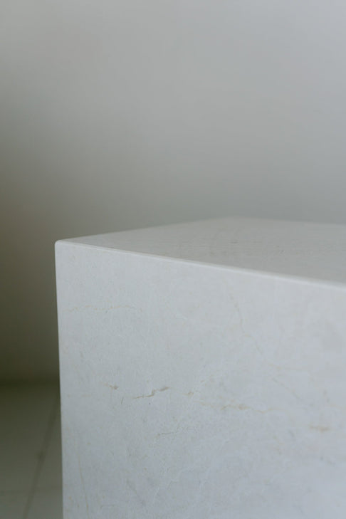 District Loom Furniture Mosa White marble plinth pedestal locally sourced from stone remnants and hand crafted to serve as a sustainable sculptural element in your home 001