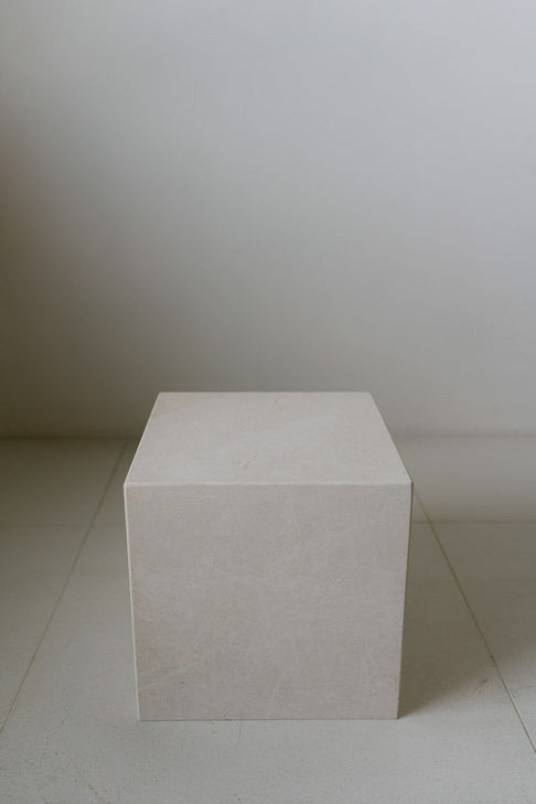 District Loom Furniture Mosa White marble plinth cube pedestal locally sourced from natural marble stone remnants and handcrafted to serve as a sustainable sculptural element in your home 003