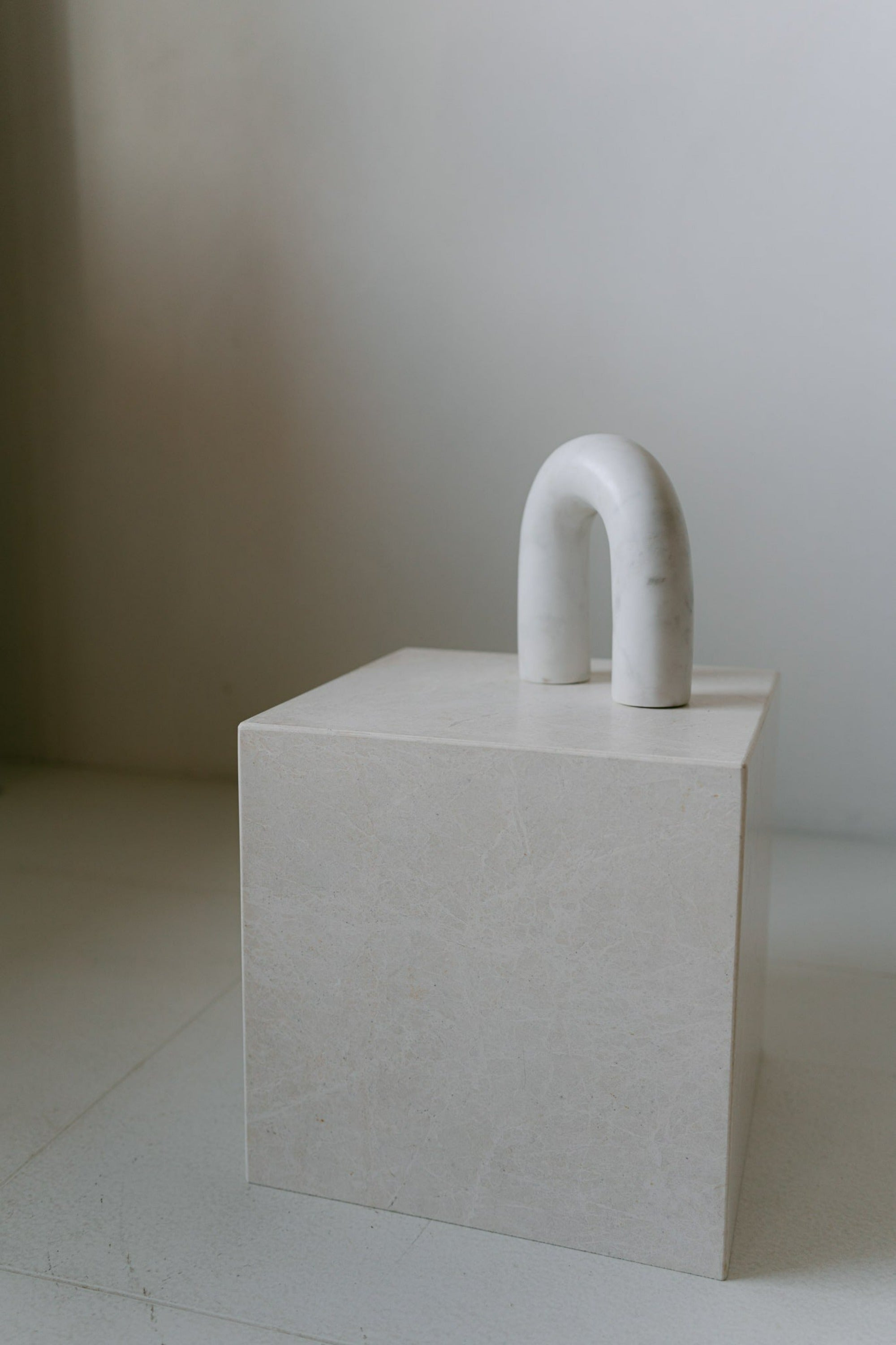 District Loom Furniture Mosa White marble plinth cube pedestal locally sourced from natural marble stone remnants and handcrafted to serve as a sustainable sculptural element in your home 003