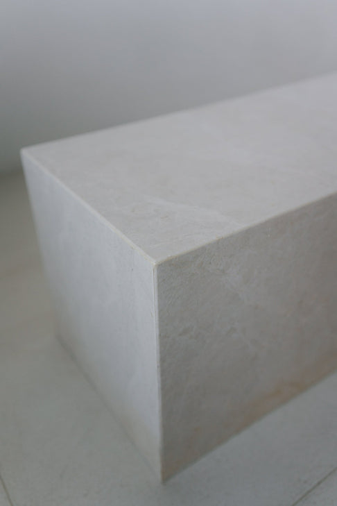 District Loom Furniture Mosa White marble plinth pedestal locally sourced from stone remnants and hand crafted to serve as a sustainable sculptural element in your home 002