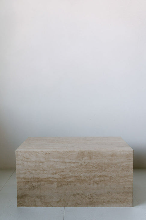 District Loom Furniture Walnut Travertine stone horizontal plinth side table/coffee table locally sourced from natural marble stone remnants and handcrafted to serve as a sustainable sculptural element in your home 005