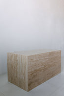 District Loom Furniture Walnut Travertine stone horizontal plinth side table/coffee table locally sourced from natural marble stone remnants and handcrafted to serve as a sustainable sculptural element in your home 005