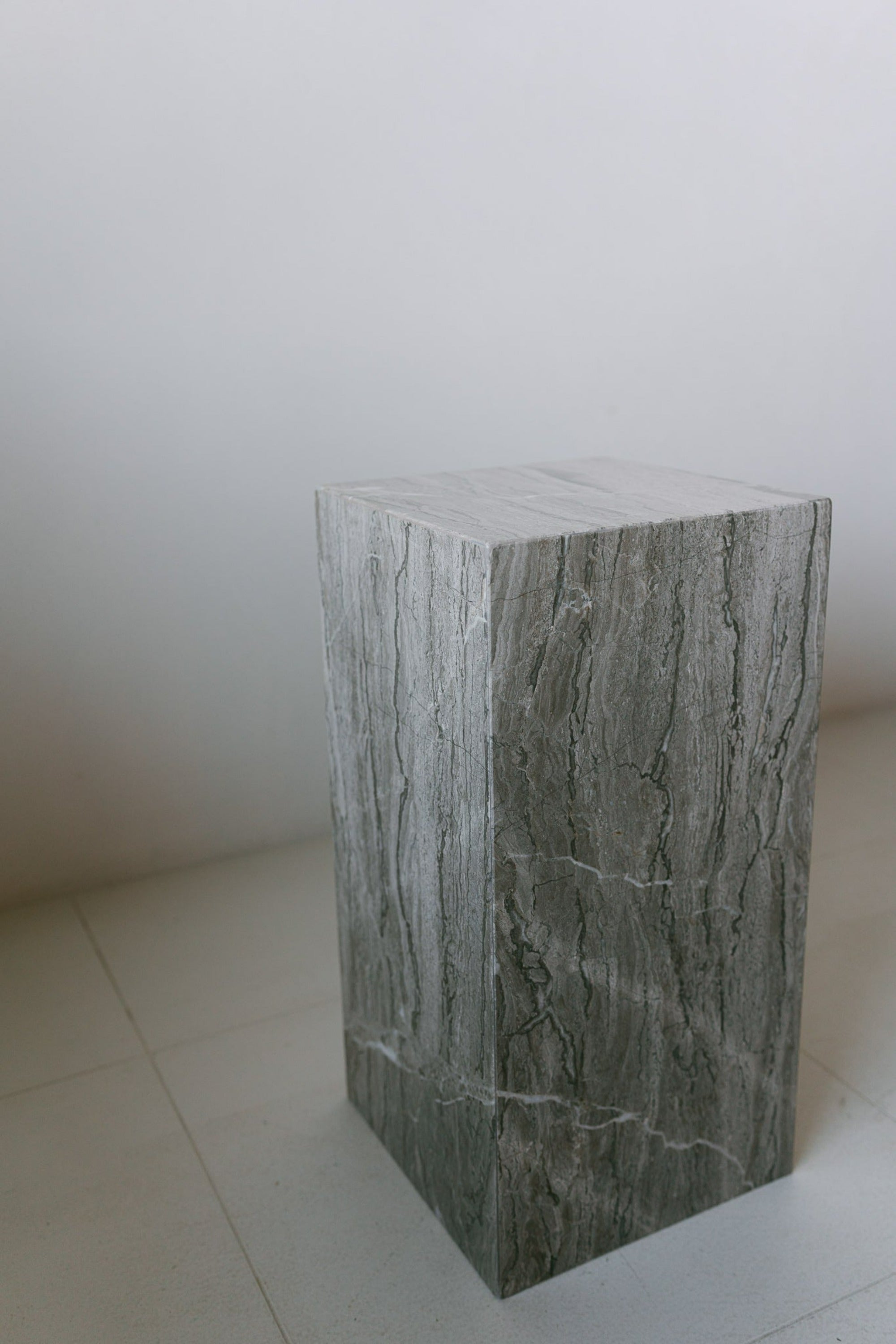 District Loom Furniture Silver Travertine stone plinth pedestal locally sourced from natural stone slab remnants and handcrafted to serve as a sustainable sculptural element in your home 006