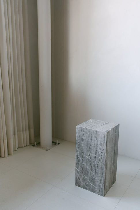 District Loom Furniture Silver Travertine stone plinth pedestal locally sourced from natural stone slab remnants and handcrafted to serve as a sustainable sculptural element in your home 006