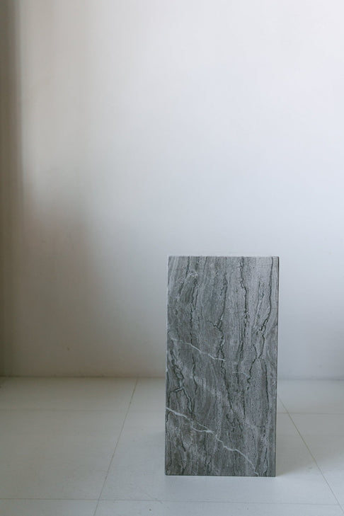 District Loom Furniture Silver Travertine stone plinth pedestal locally sourced from natural stone slab remnants and handcrafted to serve as a sustainable sculptural element in your home 006