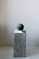 District Loom Furniture Silver Travertine stone plinth pedestal locally sourced from natural stone slab remnants and handcrafted to serve as a sustainable sculptural element in your home 006