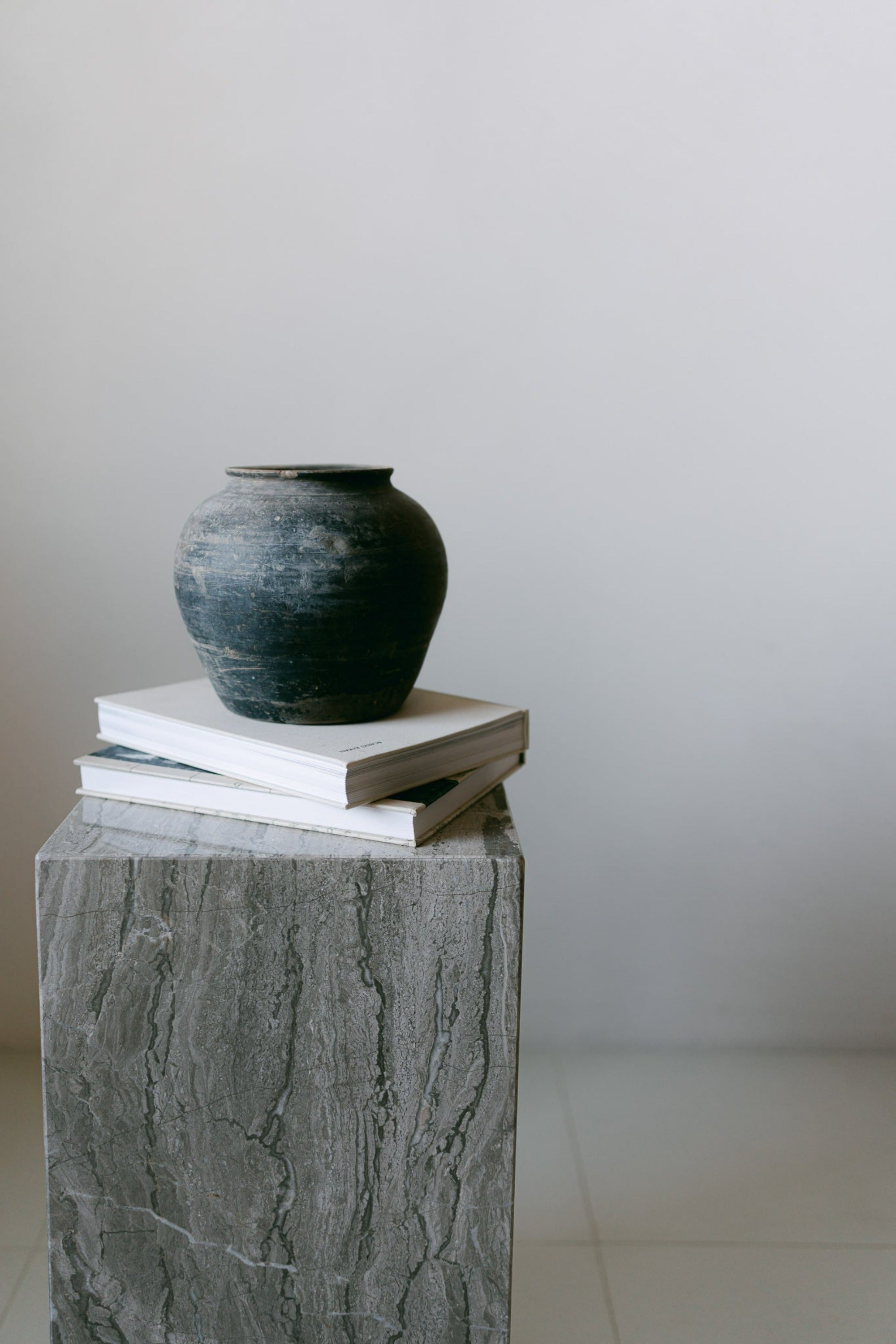 District Loom Furniture Silver Travertine stone plinth pedestal locally sourced from natural stone slab remnants and handcrafted to serve as a sustainable sculptural element in your home 006