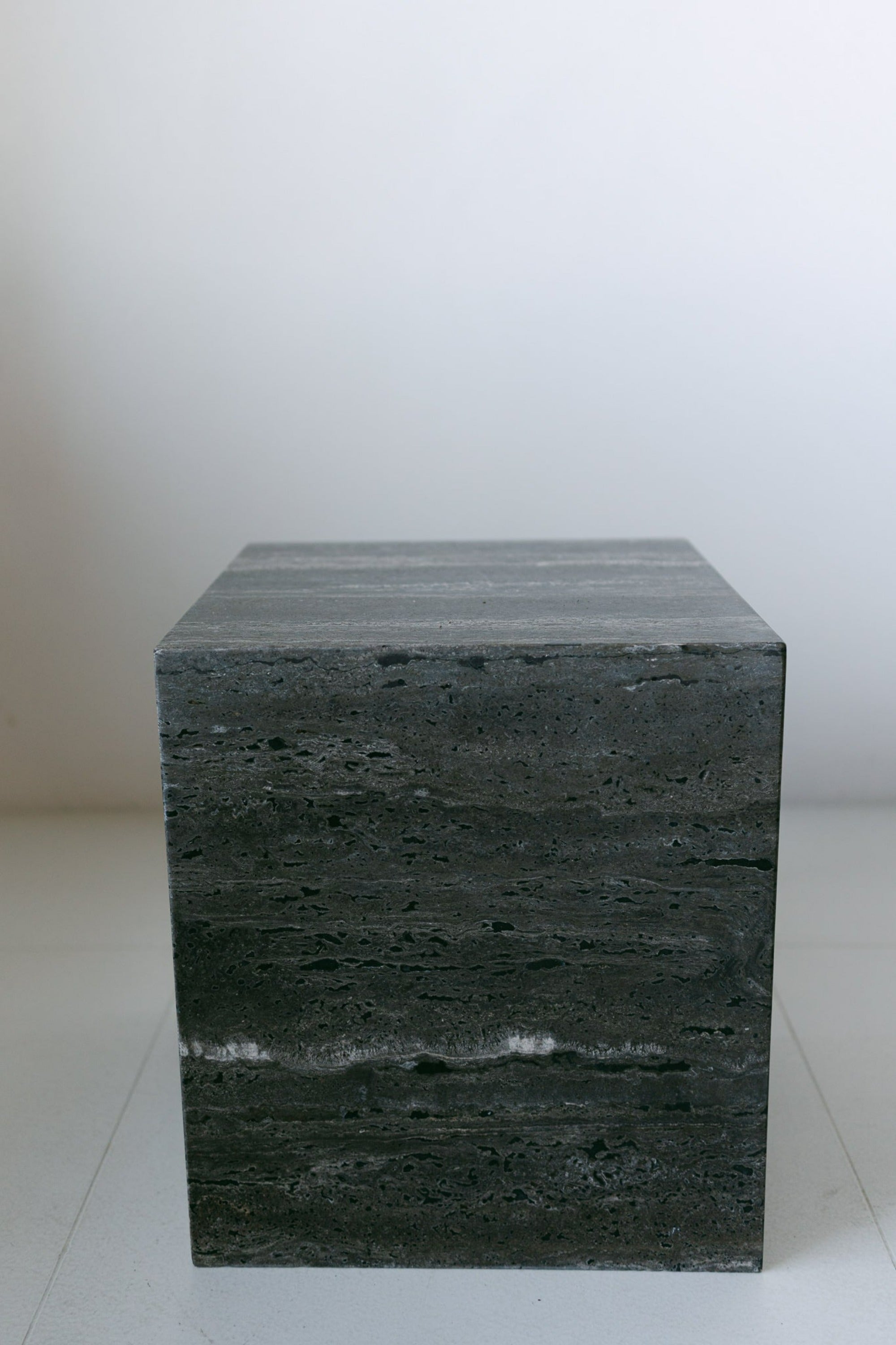 District Loom Furniture Ocean brown travertine plinth cube pedestal locally sourced from natural marble stone slab remnants and handcrafted to serve as a sustainable sculptural element in your home 008