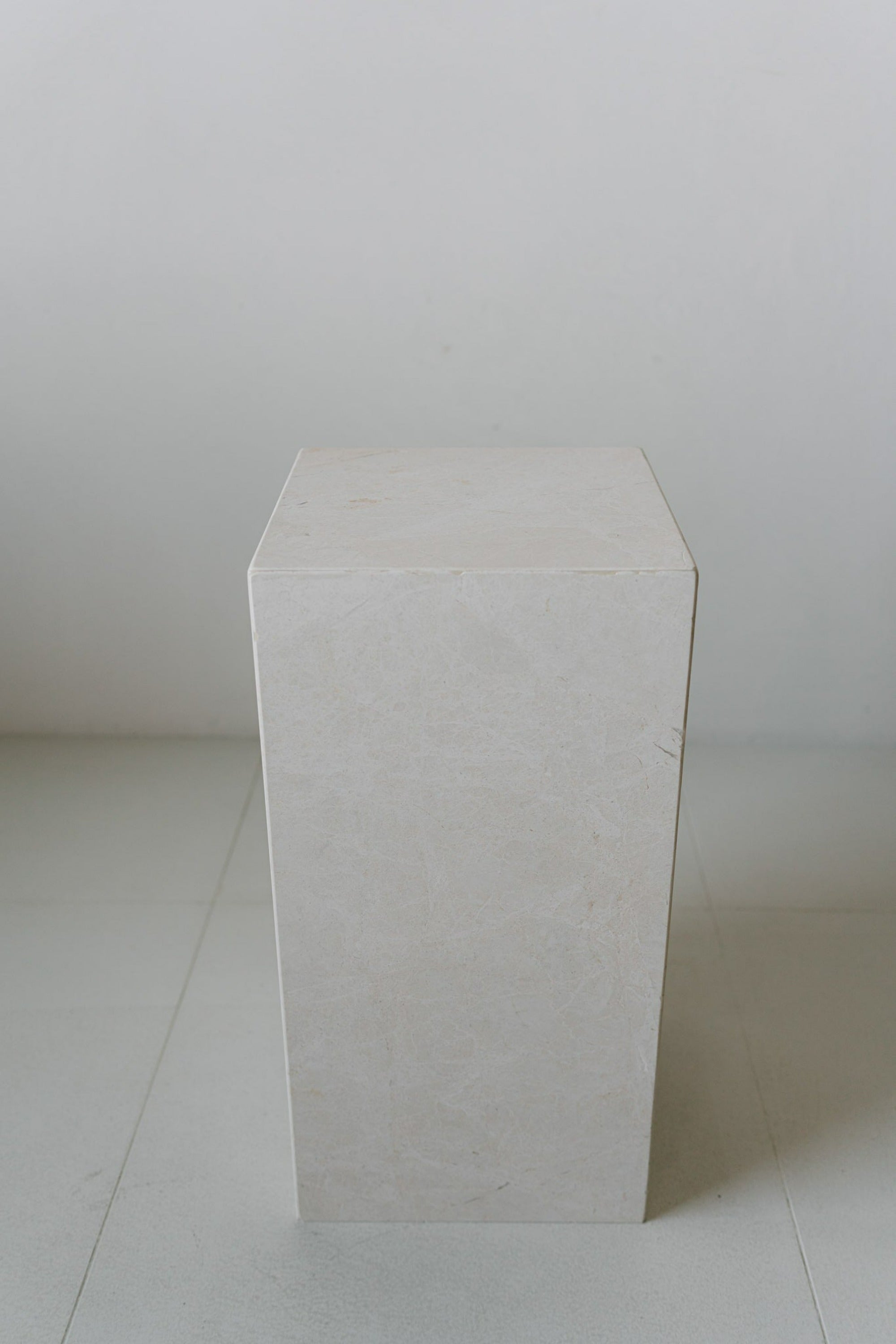 District Loom Furniture Mosa White marble plinth cube pedestal locally sourced from natural marble stone remnants and handcrafted to serve as a sustainable sculptural element in your home 004