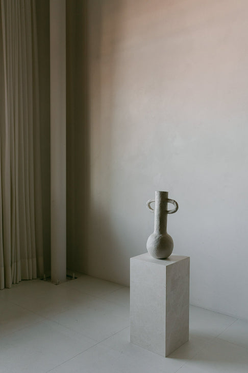 District Loom Furniture Mosa White marble plinth cube pedestal locally sourced from natural marble stone remnants and handcrafted to serve as a sustainable sculptural element in your home 004