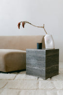 District Loom Furniture Ocean brown travertine plinth cube pedestal locally sourced from natural marble stone slab remnants and handcrafted to serve as a sustainable sculptural element in your home 008