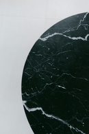 District Loom Furniture Nero Marquina Marble round table honed finish locally sourced from natural marble stone remnant and handcrafted to serve as a sustainable sculptural element in your home