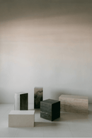 District Loom Furniture Walnut Travertine stone horizontal plinth side table/coffee table locally sourced from natural marble stone remnants and handcrafted to serve as a sustainable sculptural element in your home 005