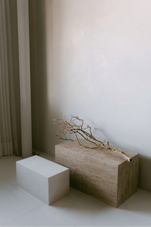 District Loom Furniture Walnut Travertine stone horizontal plinth side table/coffee table locally sourced from natural marble stone remnants and handcrafted to serve as a sustainable sculptural element in your home 005